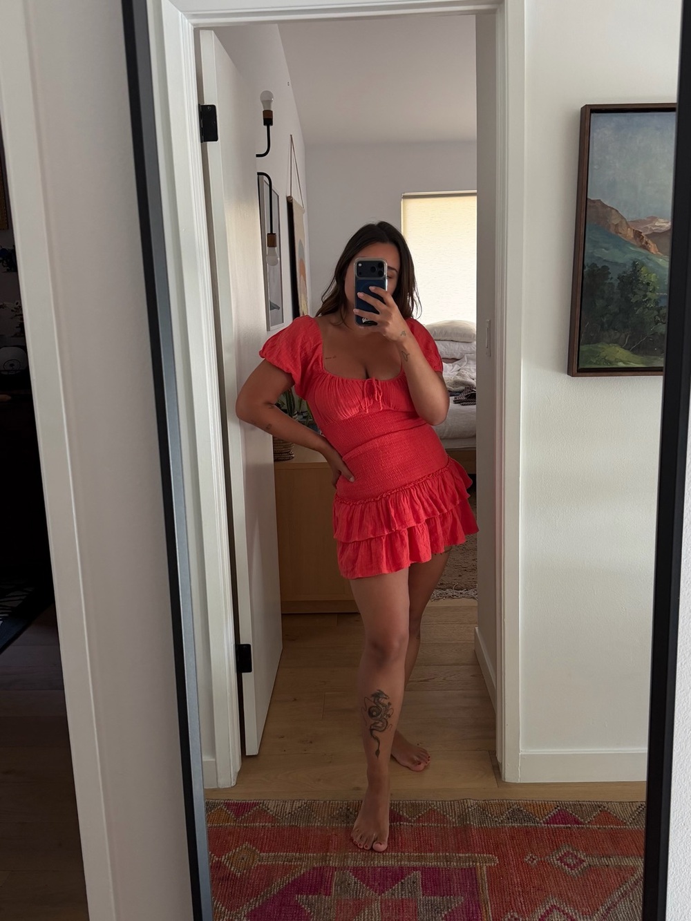 Women's Red Smocked Ruffle Mini Dress